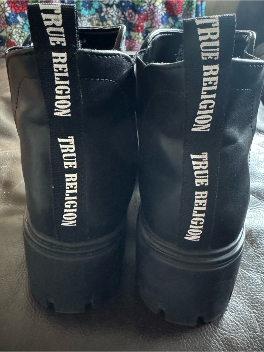 True Religion Black Platform Pull-On Boots with White Logo Tabs